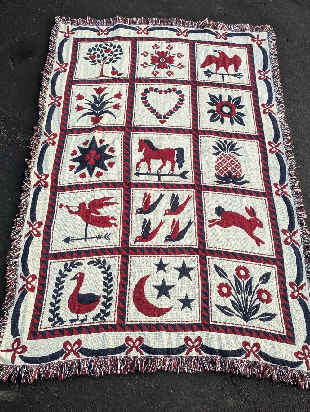 Patriotic Red & Navy Quilted Bow Weathervane Throw Tapestry Blanket
